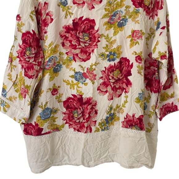 J Jill Petite L Cottage Floral Tunic Boho Boxy Blouse 3/4 Sleeve Lace Trim Rayon - Picture 4 of 16